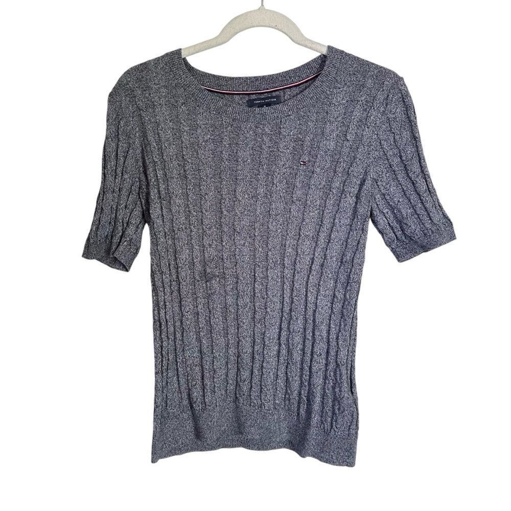 Tommy Hilfiger Women's Sz M Gray Short Sleeve Round Cable Knit Pullover Sweater